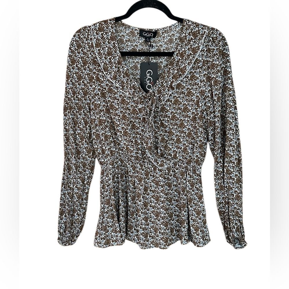 GiGiO Brown/Blue Floral Women's Faux Wrap Top Blouse. Size Small. NWT